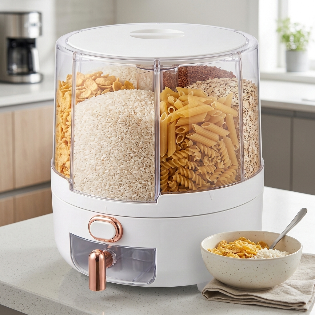 Rotating airtight cereal dispenser on a kitchen countertop beside a breakfast bowl