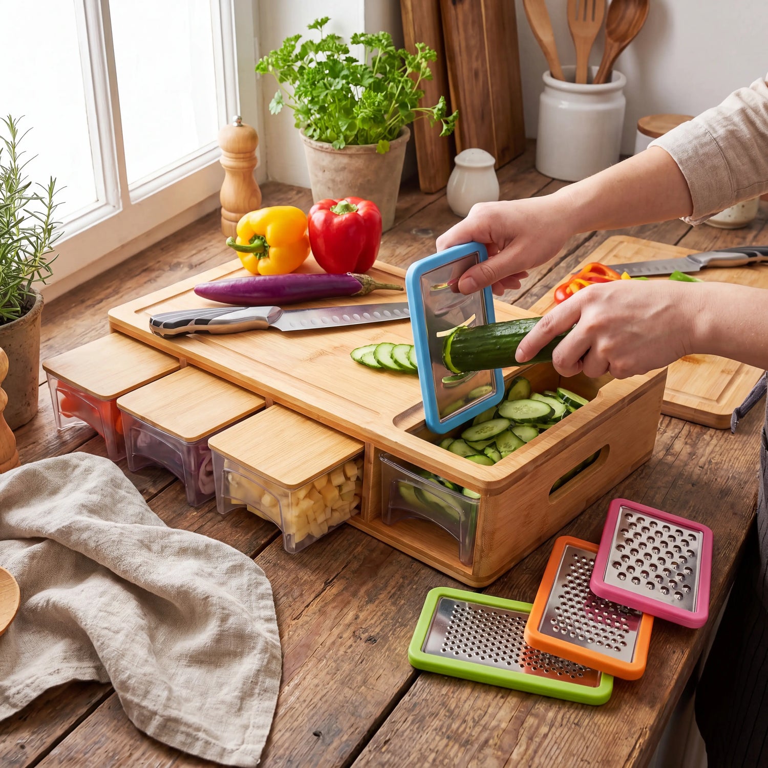 Bamboo cutting board with slide-out storage trays and graters