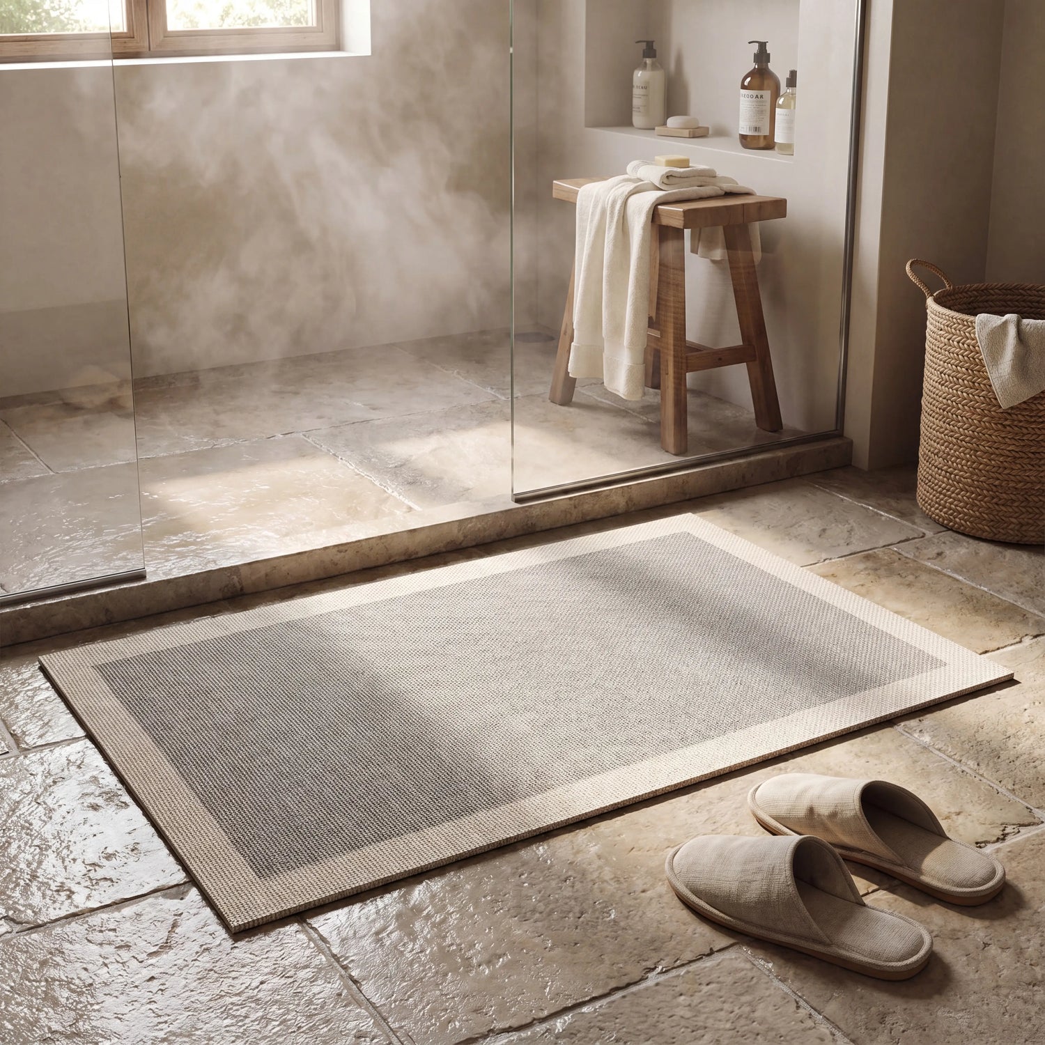 Super absorbent quick-dry non-slip bath mat on a bathroom floor