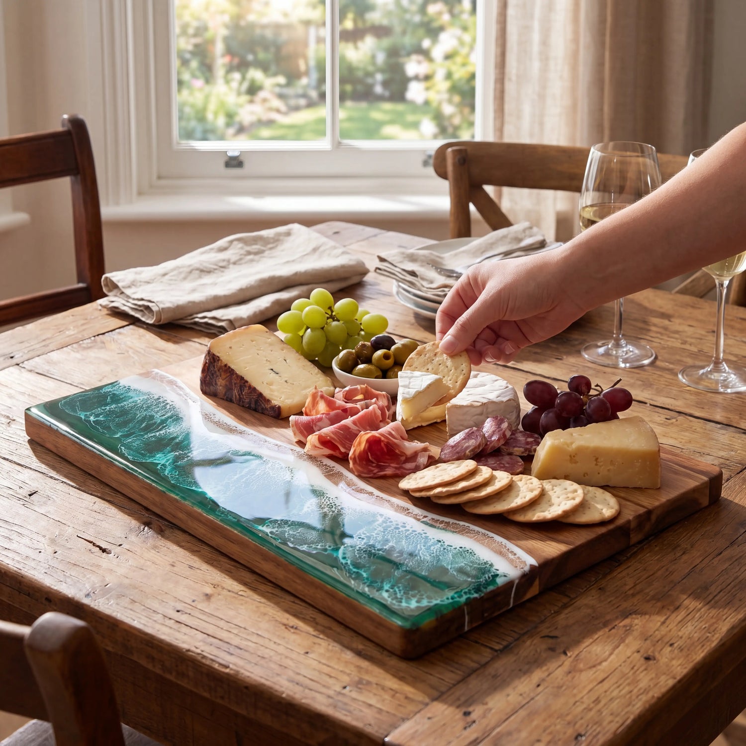 Acacia wood serving board with an ocean wave resin inlay