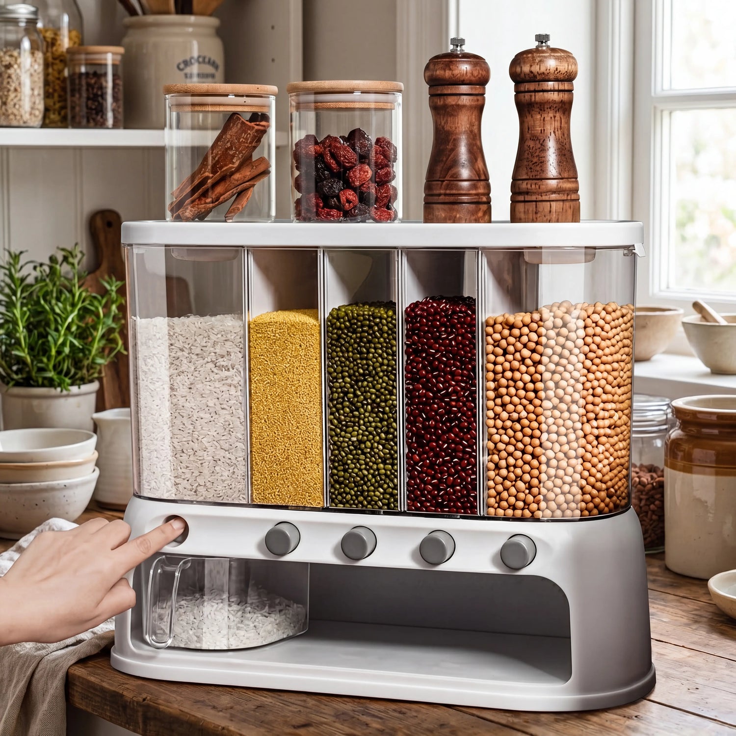 Airtight multi-compartment grain storage dispenser on a kitchen counter