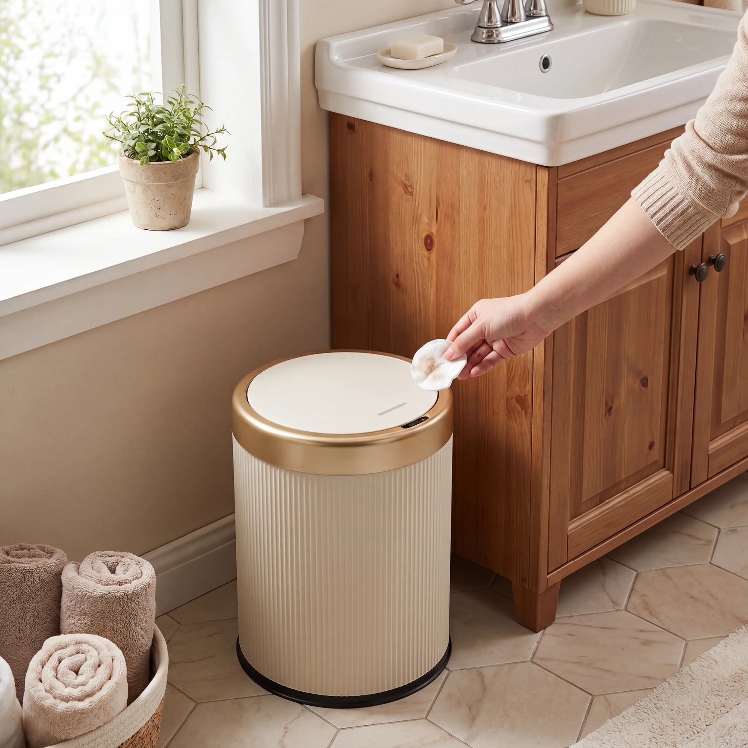 Slim oval press-top trash can with removable inner bucket