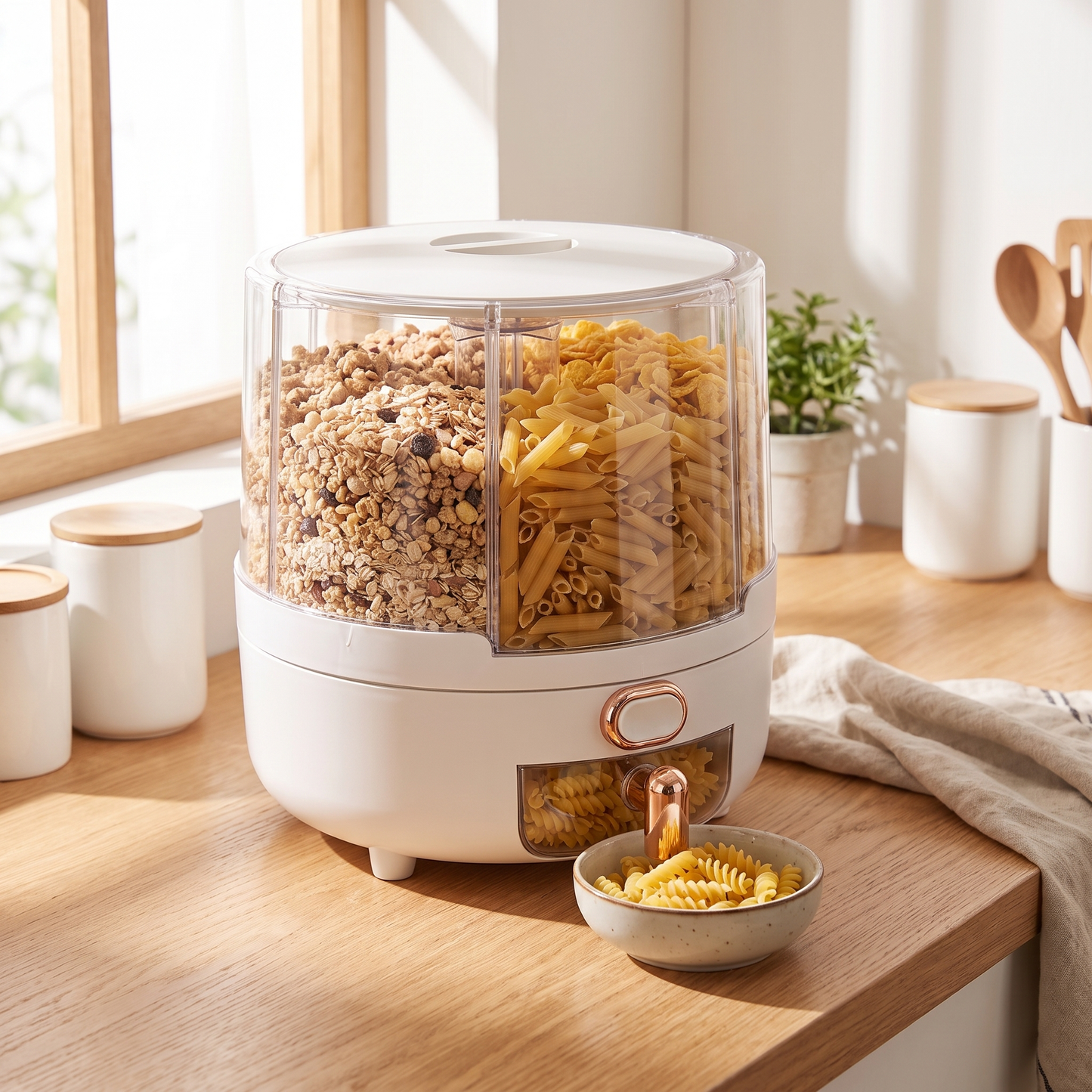 Rotating grain dispenser styled on a modern kitchen countertop