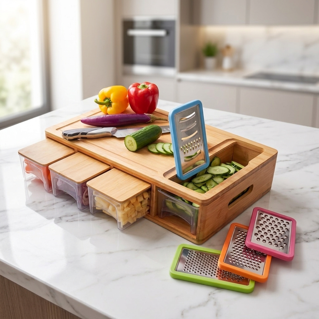 Bamboo cutting board with slide-out trays and graters on a white marble kitchen counter