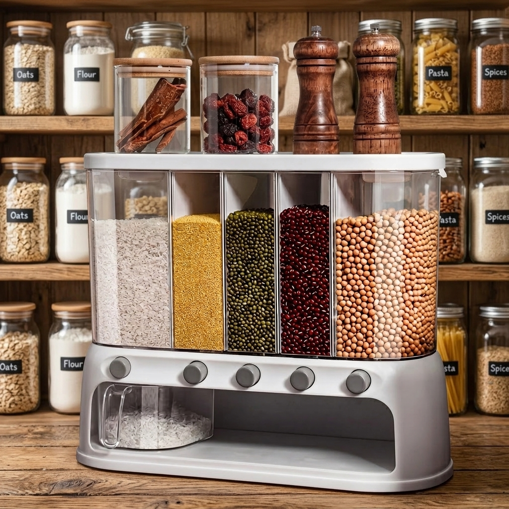 Airtight multi-compartment grain dispenser on a wooden pantry shelf