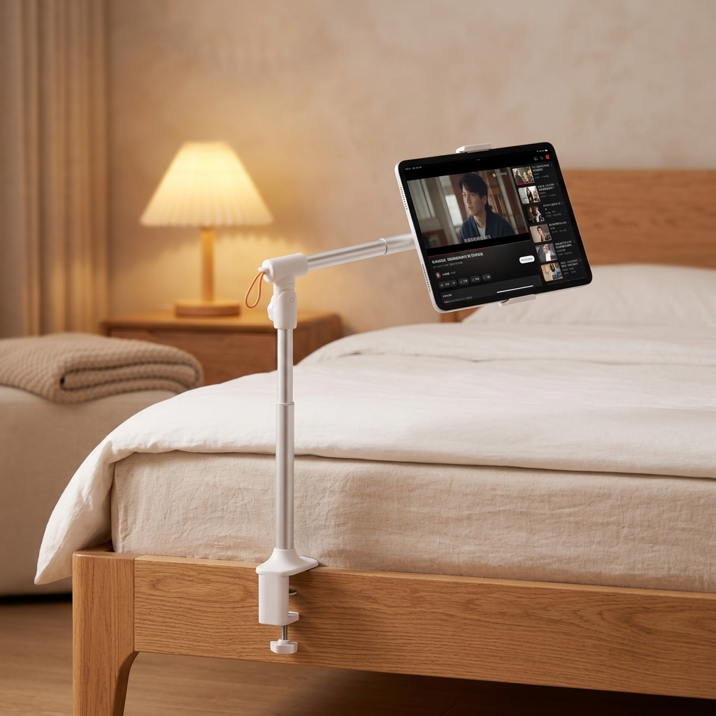 Gooseneck tablet holder clamped to a bed frame in a bedroom