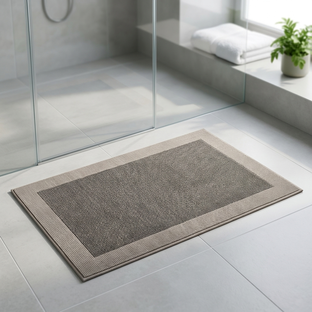 Quick-dry non-slip bath mat on a tiled bathroom floor by a glass shower