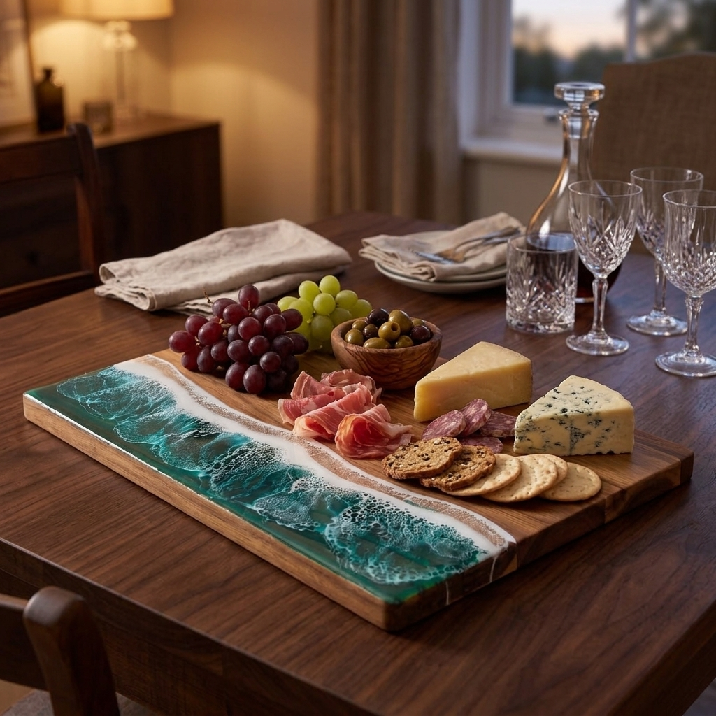 Ocean wave resin and acacia serving board with cheese and grapes on a dining table
