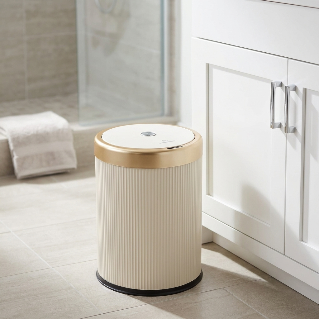 Slim oval press-top trash can beside a white bathroom vanity