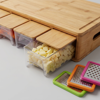 Close-up of the bamboo board slide-out trays and interchangeable stainless graters