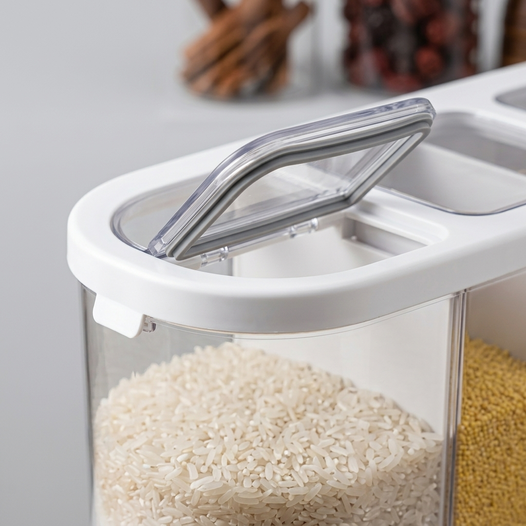 Close-up of the grain dispenser flip lid and airtight seal