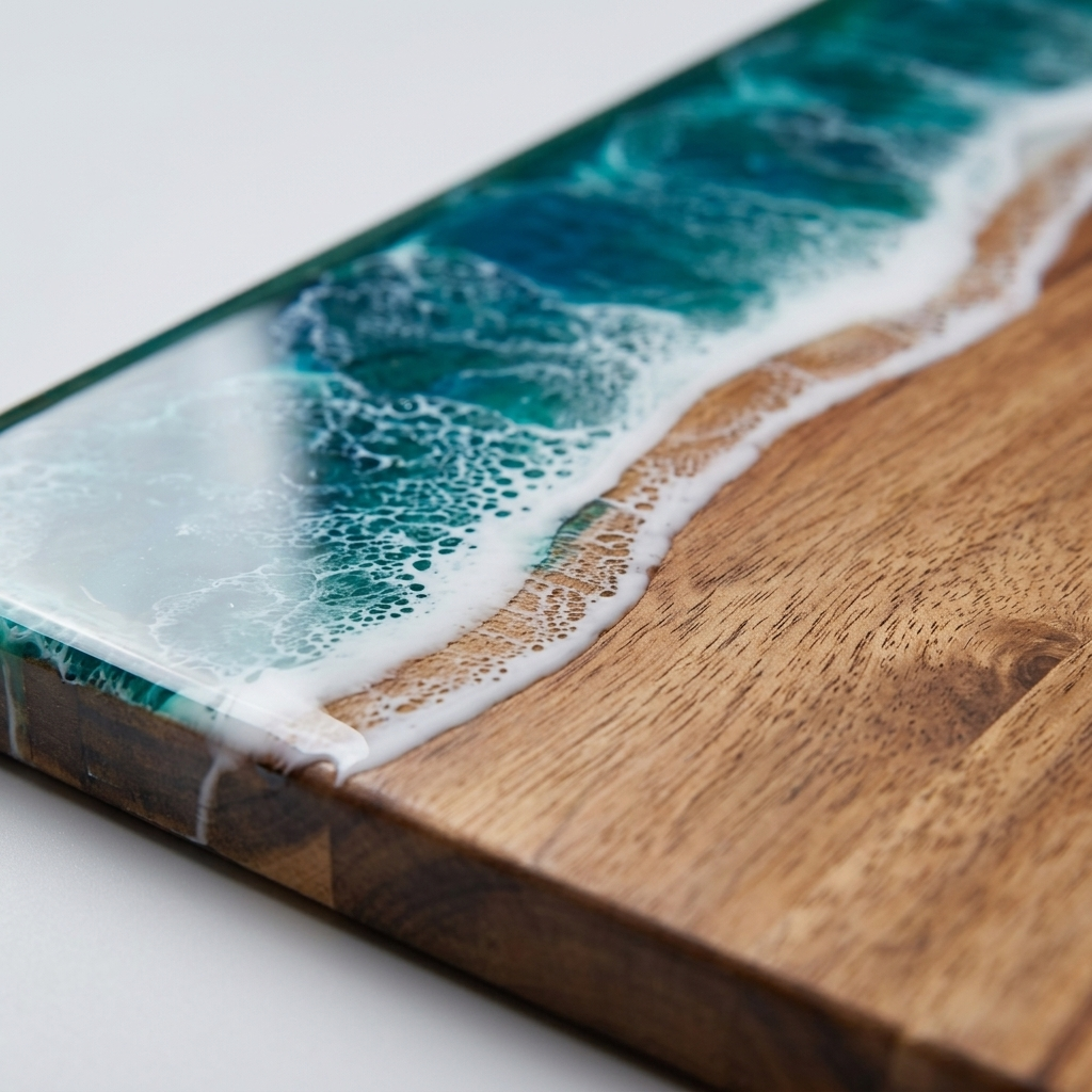 Close-up of the ocean wave resin inlay meeting the acacia wood grain