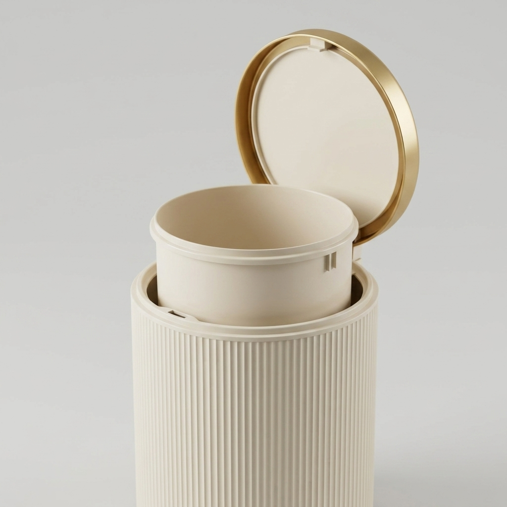 Oval trash can with the lid open and the removable inner bucket lifted out